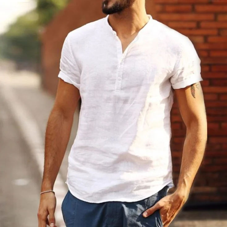 Men's Baggy Cotton Linen Soid Color Short Sleeve Retro T Shirts Tops New Fashion Print Shirts For Men Plus Size Streetwear