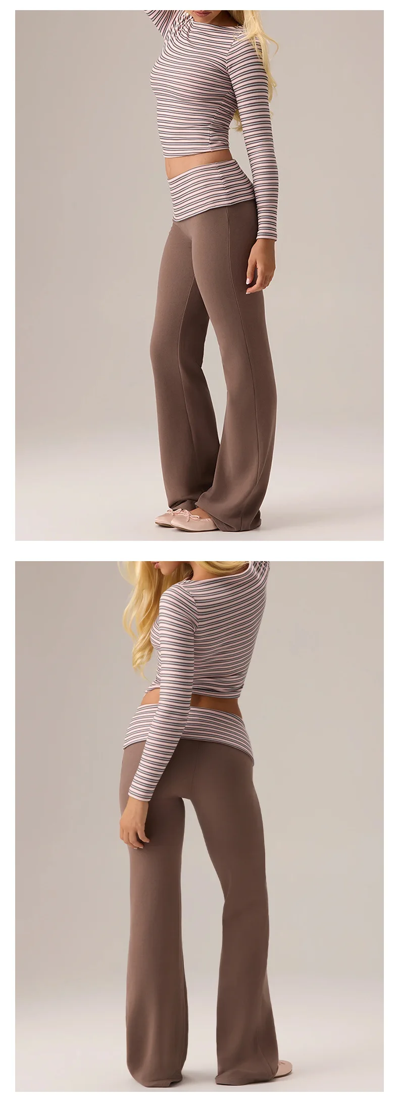 Quick Dry Striped Yoga Set Ribbed Long Sleeve Flared Leg Pants Active Stretch Womens Fitness Outfit — detail