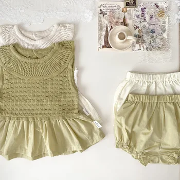 Children's clothing baby girl Summer Hollow knitted vest suit lotus leaf short pp Pants stitching vest suit
