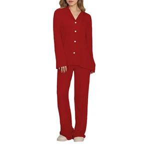 Skin Friendly Ladies Sleepwear Set Bamboo Viscose Loungewear Red Women's Pajamas 2 Piece Custom Pj Set