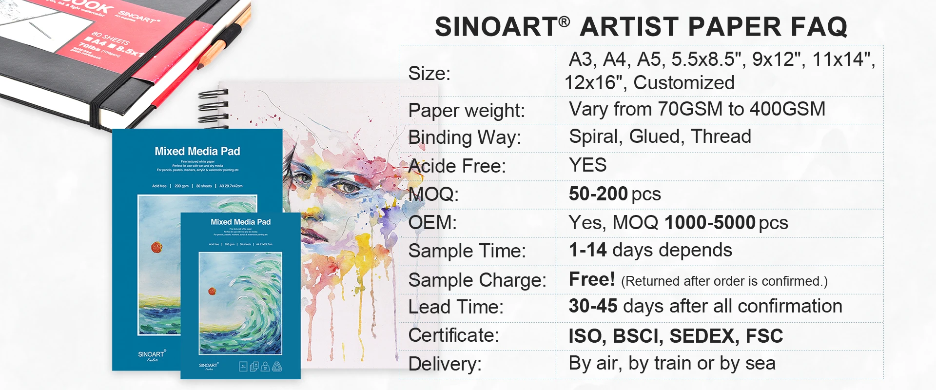 sinoart low moq a4 200gsm mixed