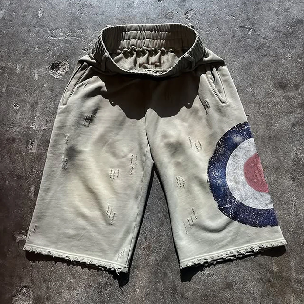 High Quality Custom French Terry Cotton Knee Length Stone Acid Wash Ripped Baggy Distressed Jogger Sweat Shorts Men details