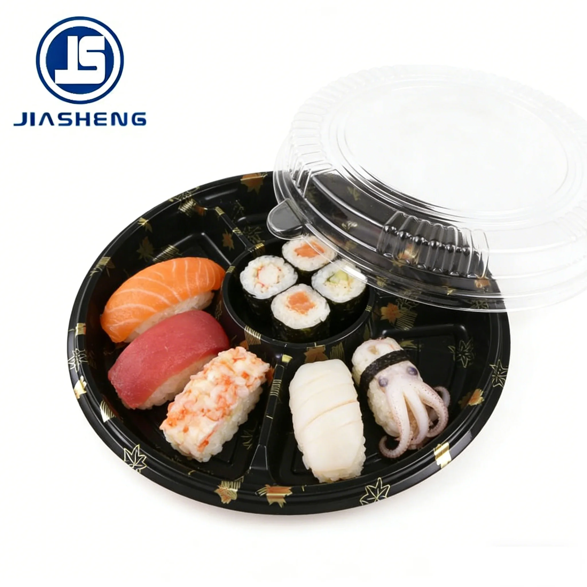 Disposable Food Grade Plastic Sushi Plates Round 5 Compartment Sushi Tray With Lid
