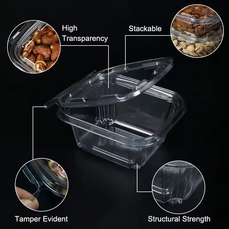 Custom 24oz Plastic Deli Containers Clear PET Hinged Lid Container Tamper Evident Proof Food Container with Flat Lid for Salad