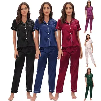 2 Piece Sleepwear Women's Luxury Pajamas Short Sleeve + Long Pants Satin Silk Women's Pajama Set