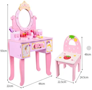 EDULAND Wooden Pink Dressing Table & Suit Set Early Educational Pretend Play Makeup Toy for Kids Gift for Girls