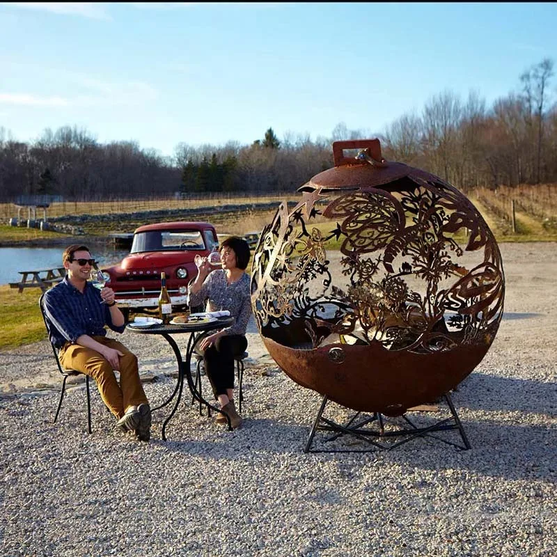 Laser Cut Custom  Decorative Modern Design Outdoor Warming  Fire Sphere Corten Steel Fire Pit