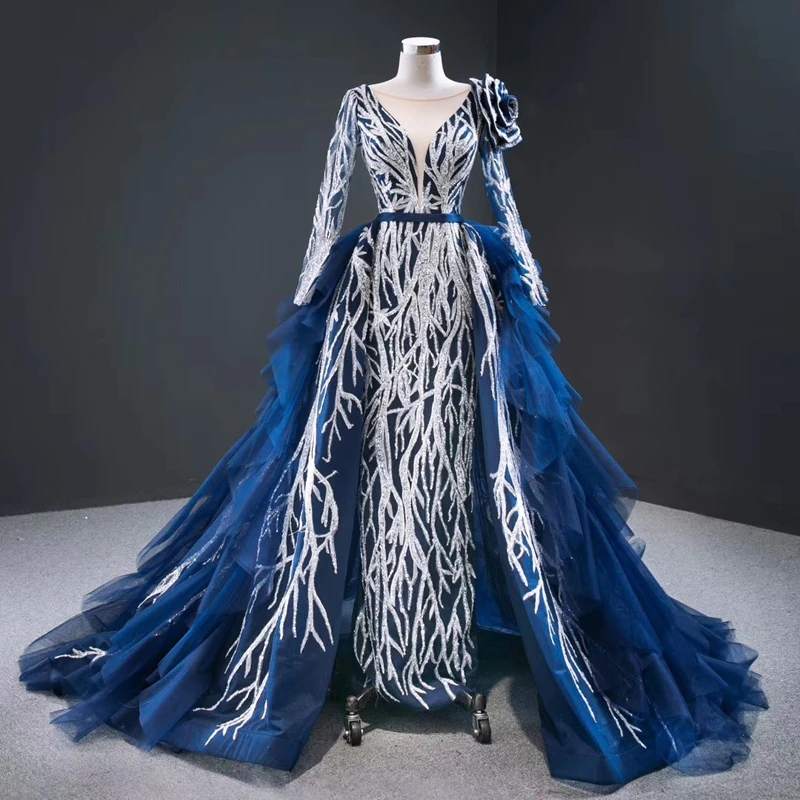2020 Exquisite Party Dress With Blue Sequins Long Sleeve A-Line Detachable  Lace Tiered Lady Evening Dress