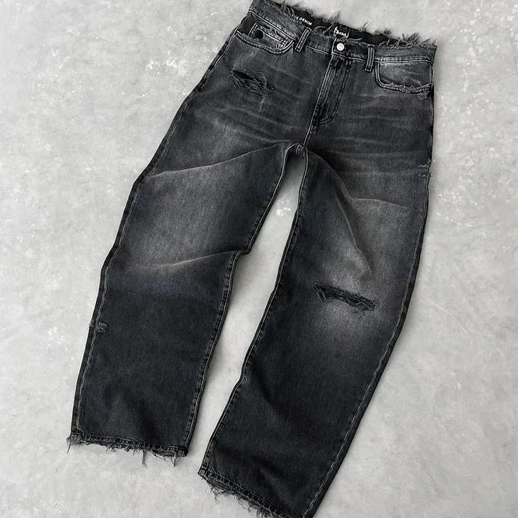 Custom Logo Embroidered  Straight Distressed Jeans Streetwear Ripped Baggy Jeans Y2k Vintage Raw Edge Wide Leg Denim Jeans Men
