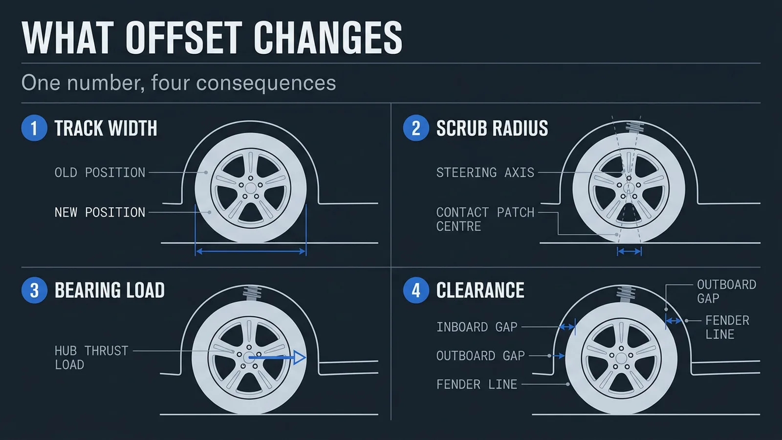 Wheel offset effects on scrub radius, bearing load and fender clearance diagram for importers