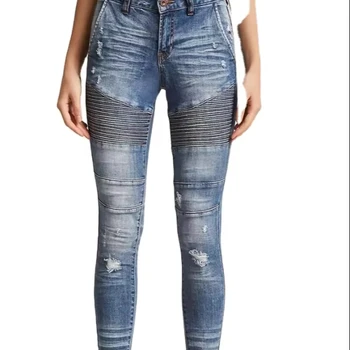 OEM custom manufacturers bulk wholesale price china jeans al por mayord women Distressed Moto-Inspired Jeans 021