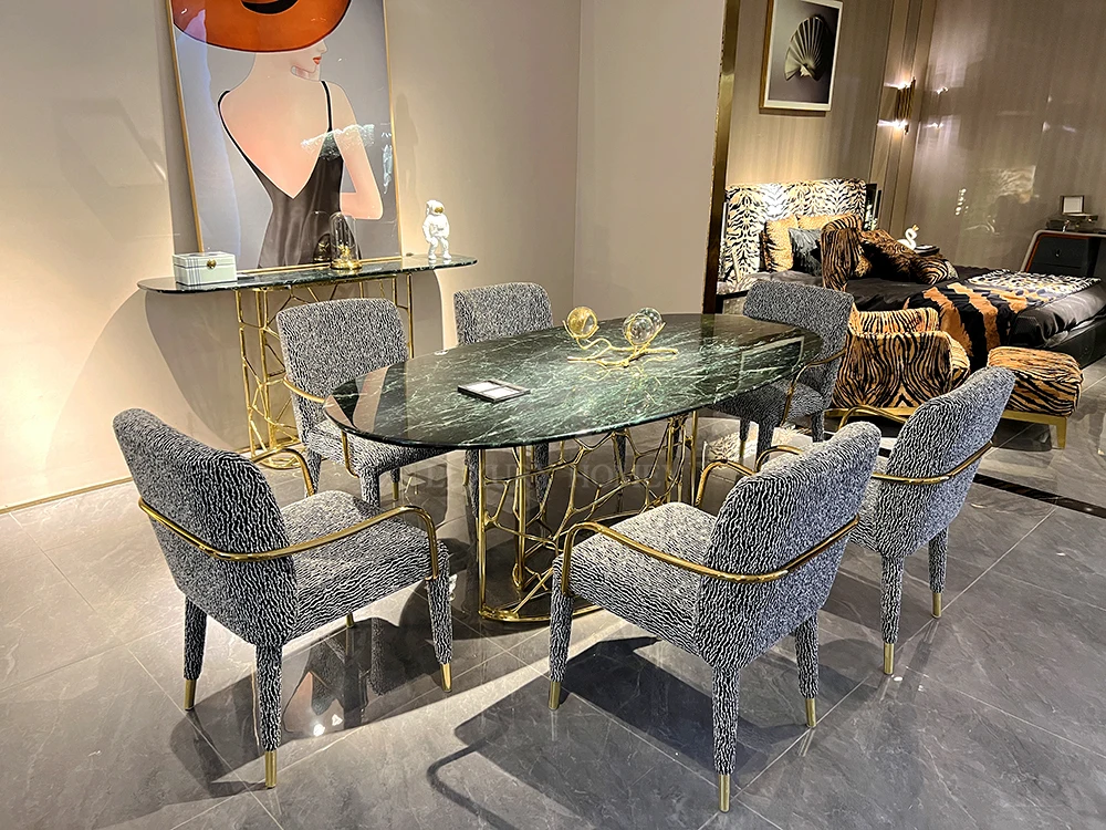 Italian Natural Round Marble Dining Table Set with 6 Modern Chairs ...
