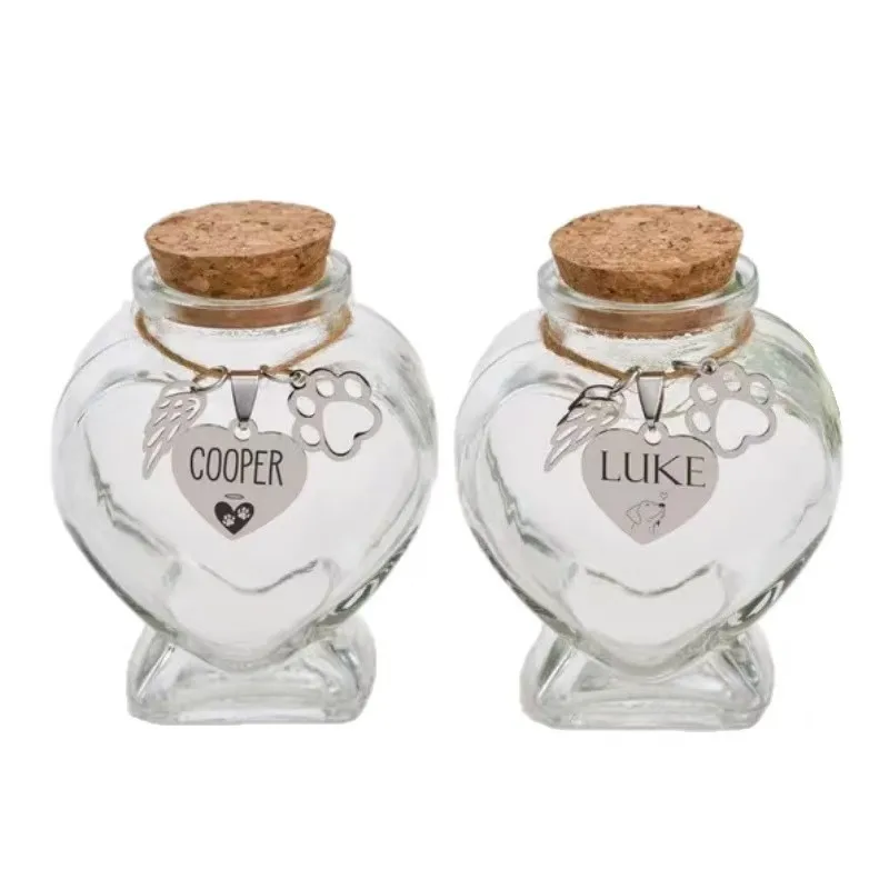 Modern Eco-friendly Engraved Pet Memorial Glass Bottle with Heart-shaped Design wings and Paw Print Pendant preview 3