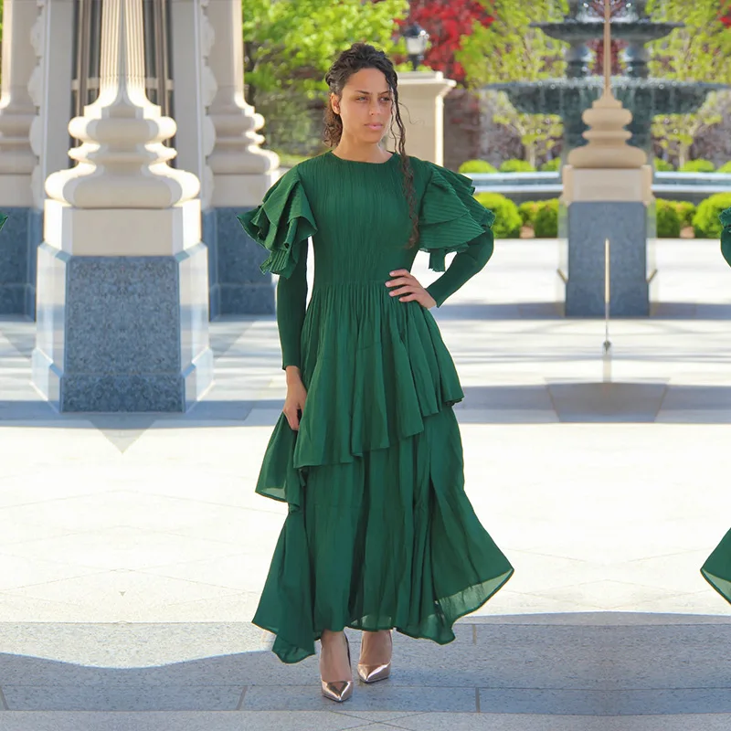 2025 Spring Fashionable Large Size Pleated Dress Elegant Unique Design With Lotus Sleeves for Women Casual Dresses for Adults