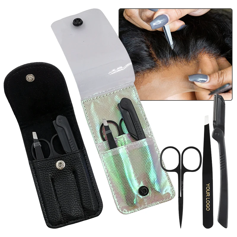 4 in 1 Custom Logo Wig pre-plucked Hairline Tweezers scissors Razors Lace  frontals Install cut lace Install Tools kit