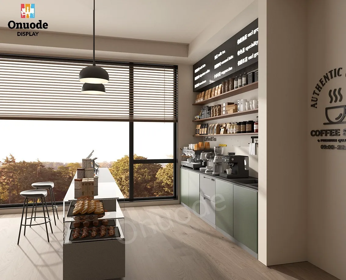 Customizable LED Lighting Coffee Shop Display Cabinets with Elegant Coffee Bar Counter Design and Cake Showcase