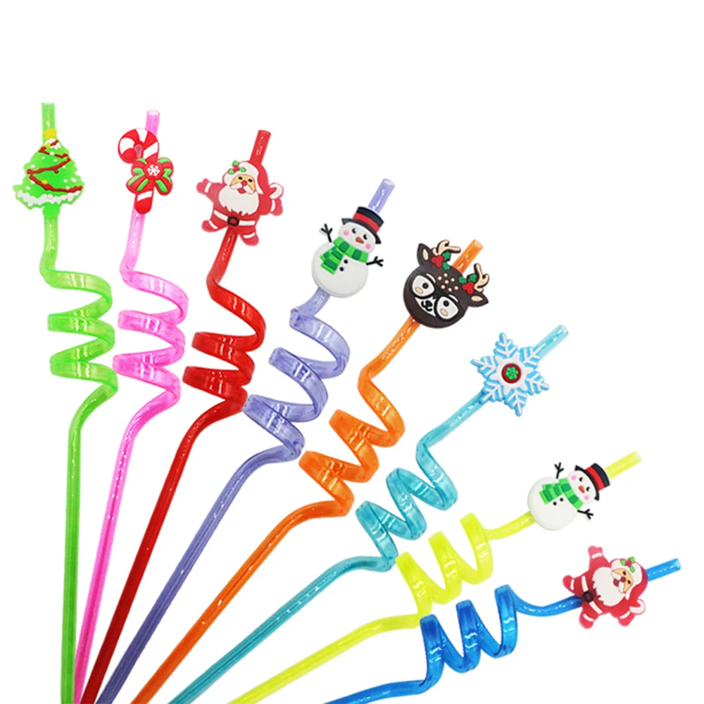 1/6Pcs Christmas Straws Reusable Plastic Spiral Xmas Colourful Drinking  Straw CB