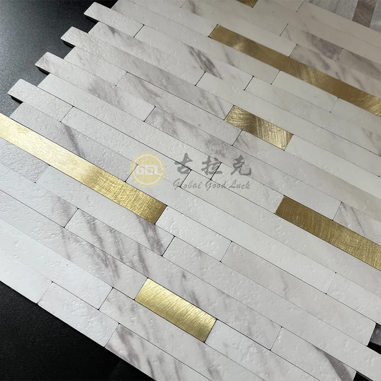 Self-Adhesive Stylish Marble Look Tile Inlay Gold Strip Aluminum Mosaic Tile for Home Decoration