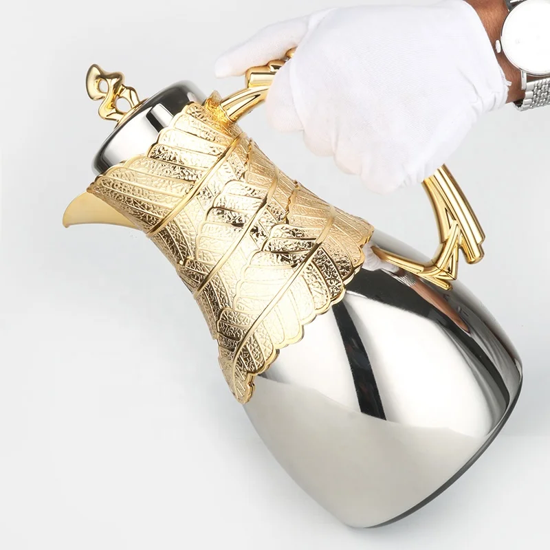 New Arrival Top Level Leaves Design 1.0 Litre Silver Gold Coating Metal Body Glass Insulation Vacuum Flasks Dallah