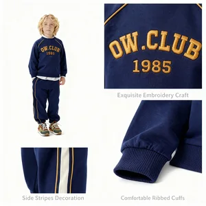 Custom Design Retro Navy Blue French Terry Embroidery logo Crewneck Sweatshirt Matching Joggers Trousers Pants Boy 2 Piece Set