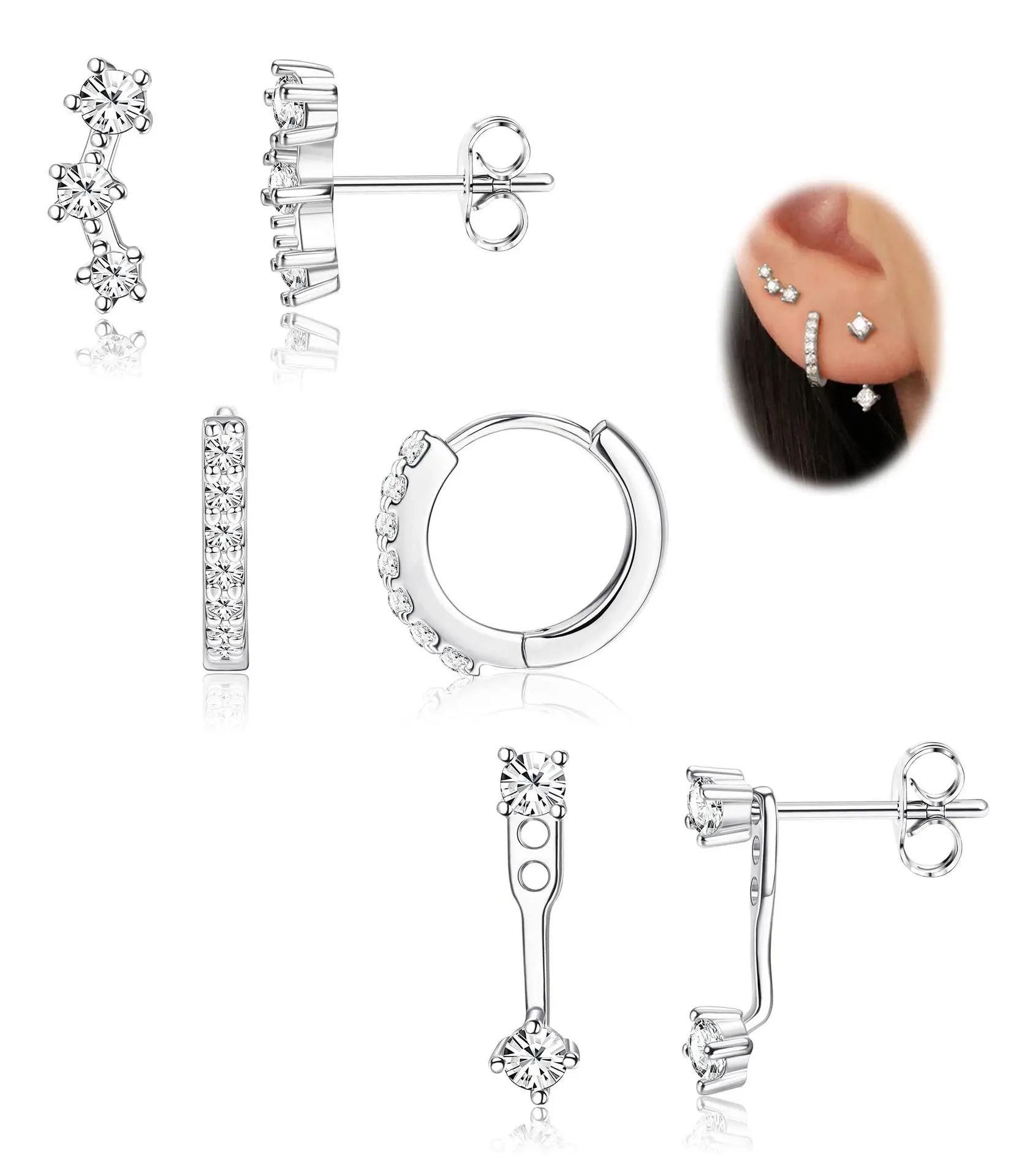 3 Pairs Stud Hoop Earrings Set for Women 14K Gold Plated Zircon Earrings Stacks Dainty Earrings for Multiple Piercings