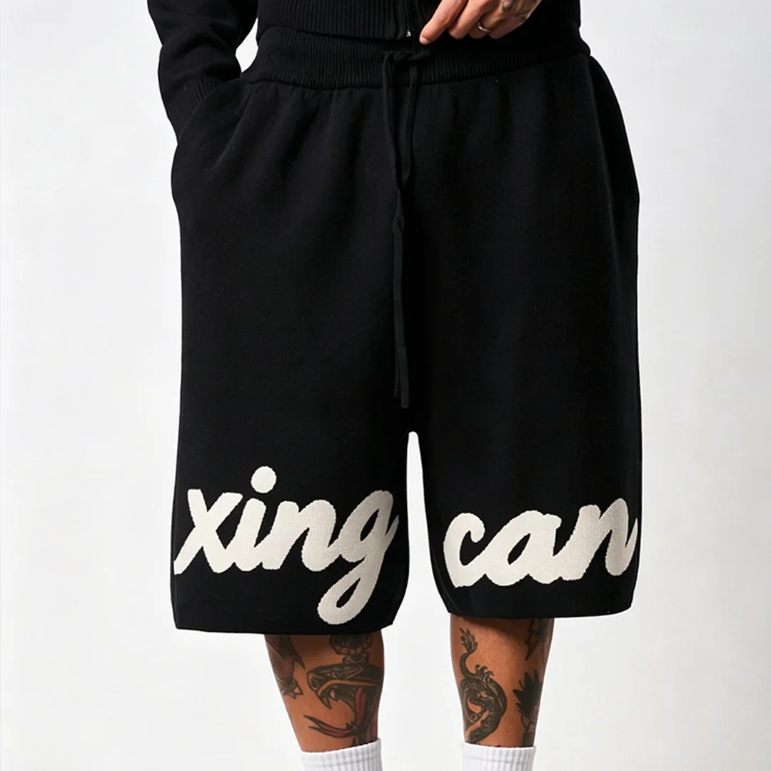 Lekkie letnie męskie szorty streetwear z bawełny o dużej gramaturze, z cyfrowym nadrukiem DTG, gumką w pasie i sznurkiem do regulacji