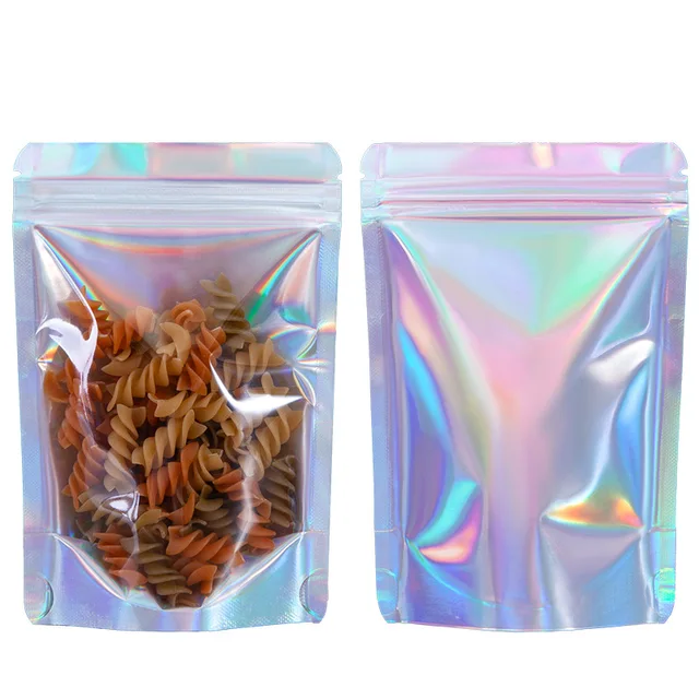 Wholesale Holographic Stand Up Pouch Smell Proof Zipper Pouch Front Clear Window Food Packaging Holographic Mylar Bags