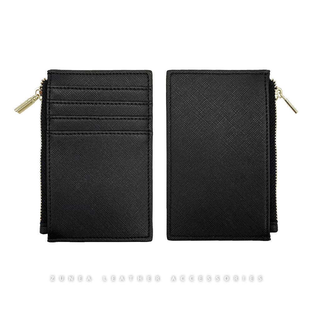 Multi Card Slots Zipped Leather Small Card Holders Saffiano Leather Zip Cardholder Wallet