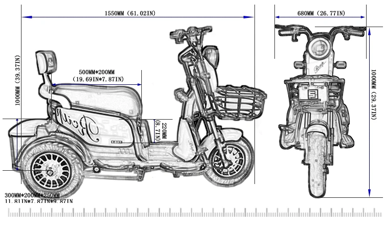 High Quality Model Three Wheel Electric Trike 600W 48V 20AH Double Seat Electric Tricycle for Adults