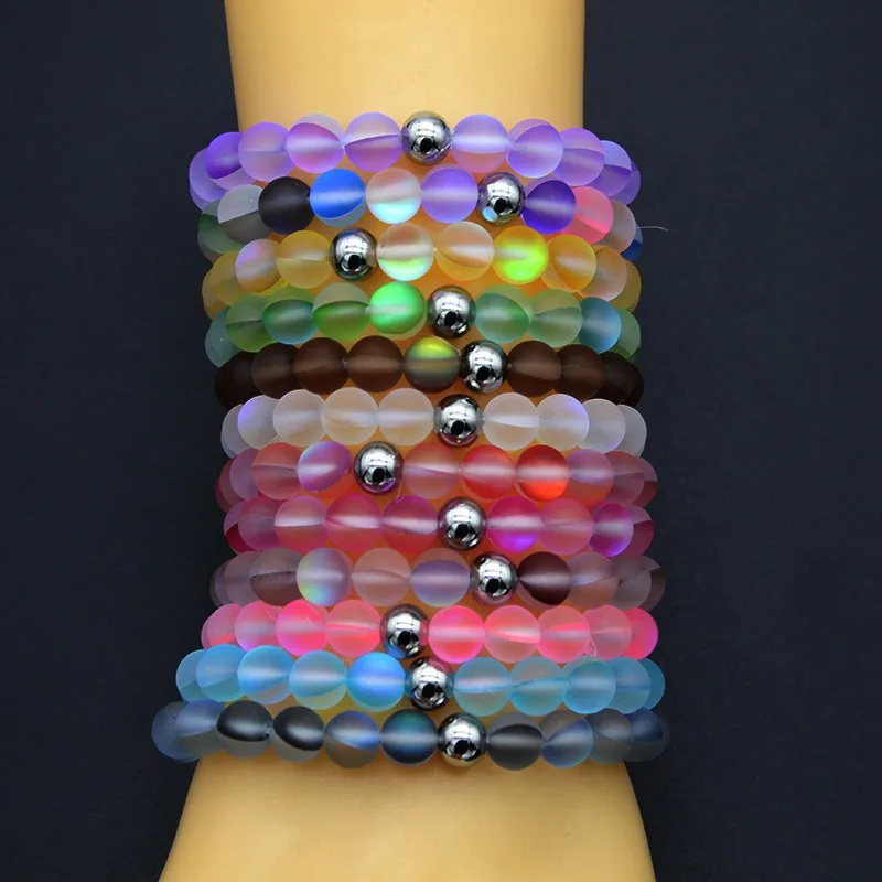 Mystic Mermaid Glass Friendship Bracelet mm Frosted White Glowing  Moonstone Beads Stretch Bracelet with Stainless Steel Ball
