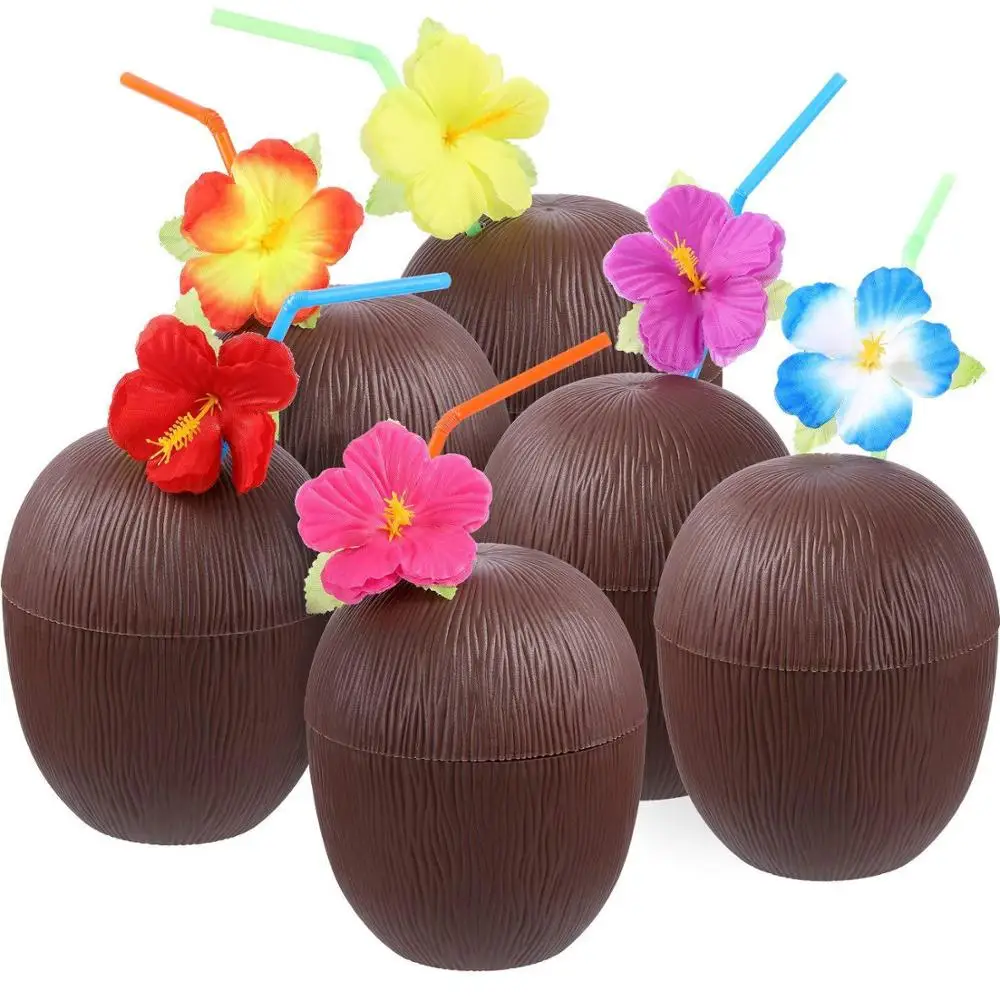 Beach Theme Party Supplies Summer Activities Childrens Adult Party Birthday Party Fun Drink Cup 1 Pieces with Flower Straws Womdee Hawaiian Coconut Cup 