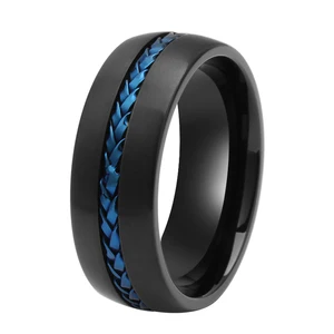 Classic Black Titanium Rings With Blue Steel Cable Inlay 8mm Comfort Fit Wedding Band