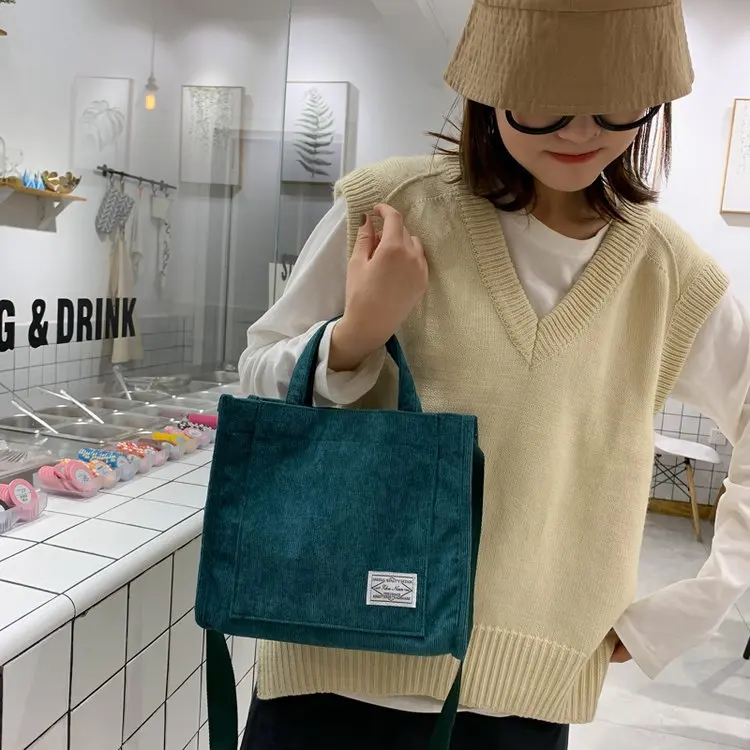 Custom Women Corduroy Canvas Shoulder Bag Eco Messenger Bags Small Casual Cotton Canvas Tote Crossbody Bag