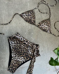 High Waist Women's Bandeau Bikini Set Summer Floral Leopard Print Swimwear Scoop Neck Bandeau & Triangle Bikinis Beach Wear