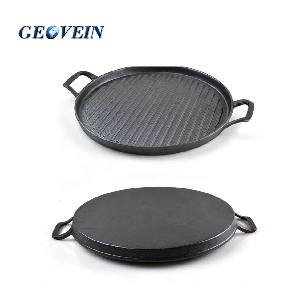 Large Grill Pan Cast Iron Non Stick Reversible BBQ Griddle Cook Preseasoned 52cm 