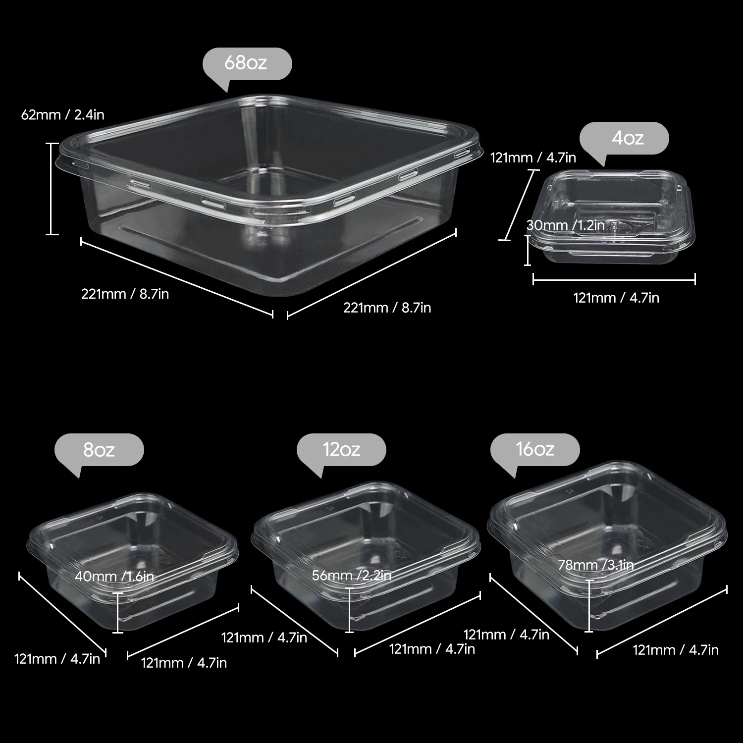 Food-Grade Transparent 4/8/12/16/68oz Cake Box Packaging RPET Plastic Clamshell Dessert Containers