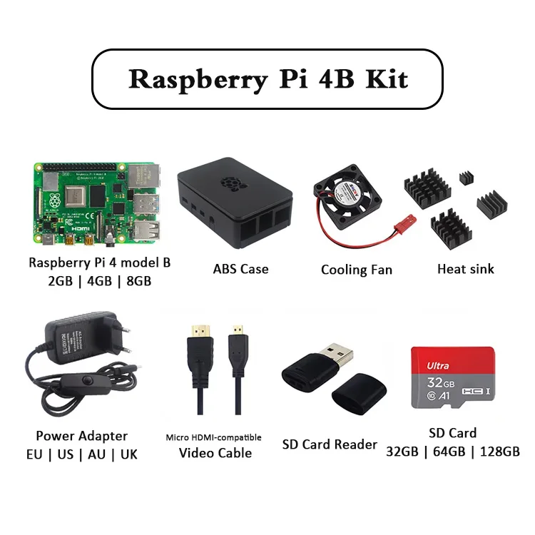 Raspberry Pi 4 Model B 2/4/8GB RAM + Case + Fan + HeatSink + Power Adapter + SD Card +HDM-compatible Cable for raspberry pi 4B