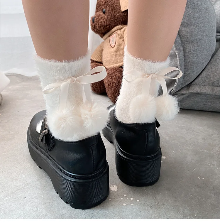 Japanese Cute Warm Plush Lolita Pom Pom Bow Fluffy Girl Socks - Buy Pom ...