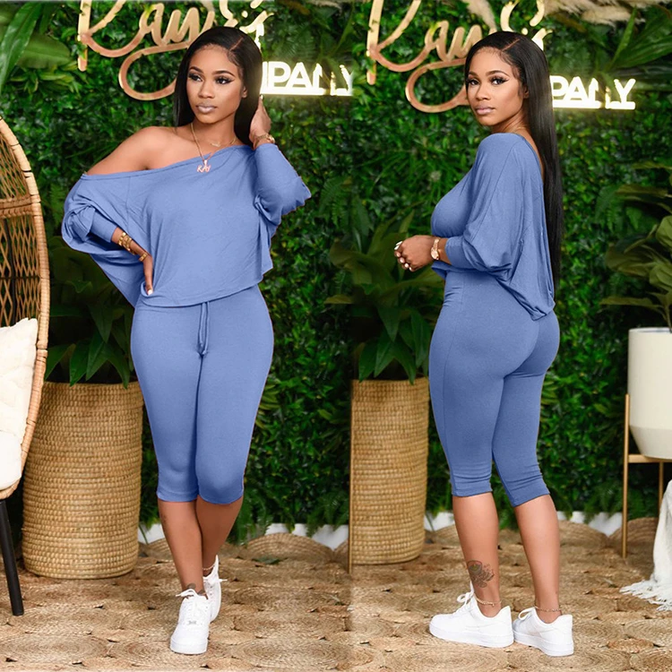 MOEN Off Shoulder kadin setleri Stretchy Fashion Two Piece Set Women Clothing Plus Size Woman 2pcs set