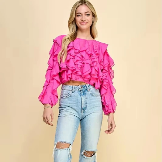 Autumn Tencel Blouse, Romantic Ruffled Cropped Top-suitable For Relaxed Parties And Everyday Wear - Image 1