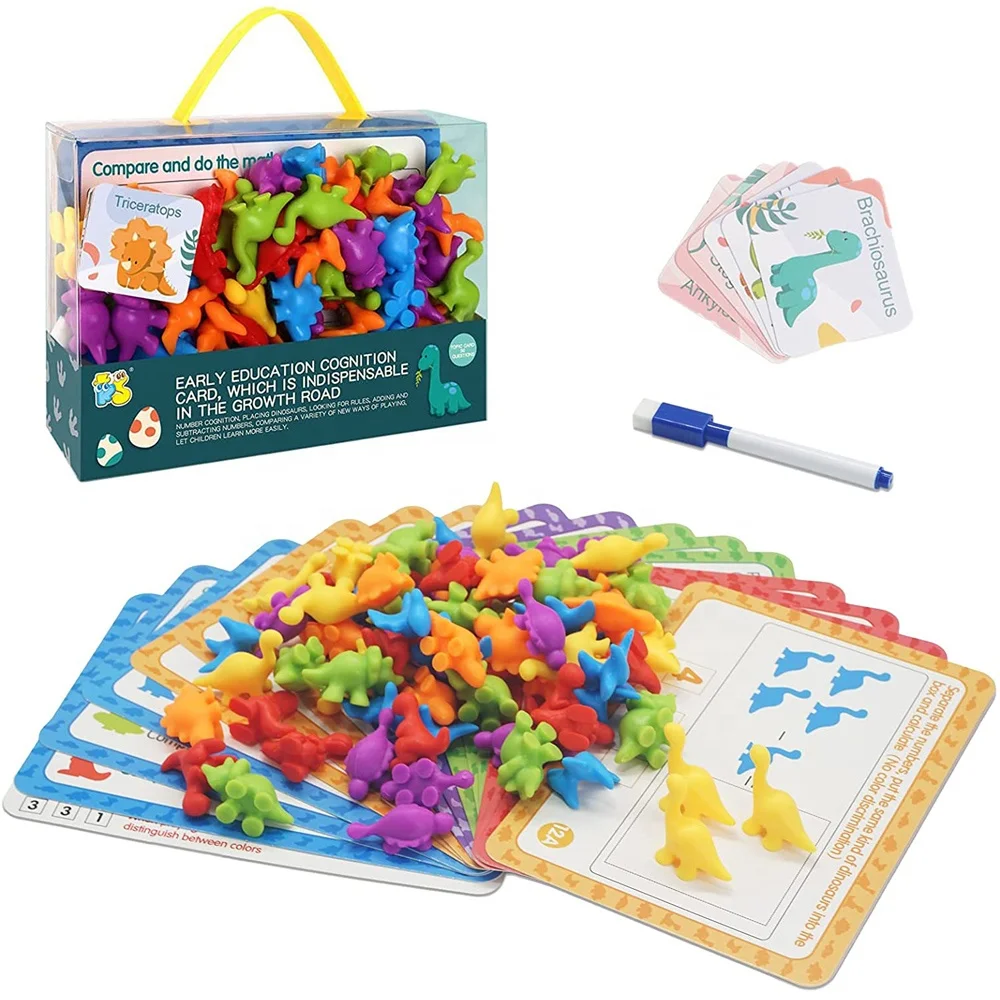 Rainbow Color Counting Soft Rubber Cognitive Sorting Dinosaur Toy Montessori Color Classification Learn Toys with Question Cards