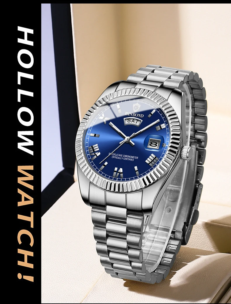 BINBOND 7012 B0733 0733 Men's Quartz Watch Waterproof Luxury Date Waterproof Luminous Fashion Stainless Steel Wristwatch for Man