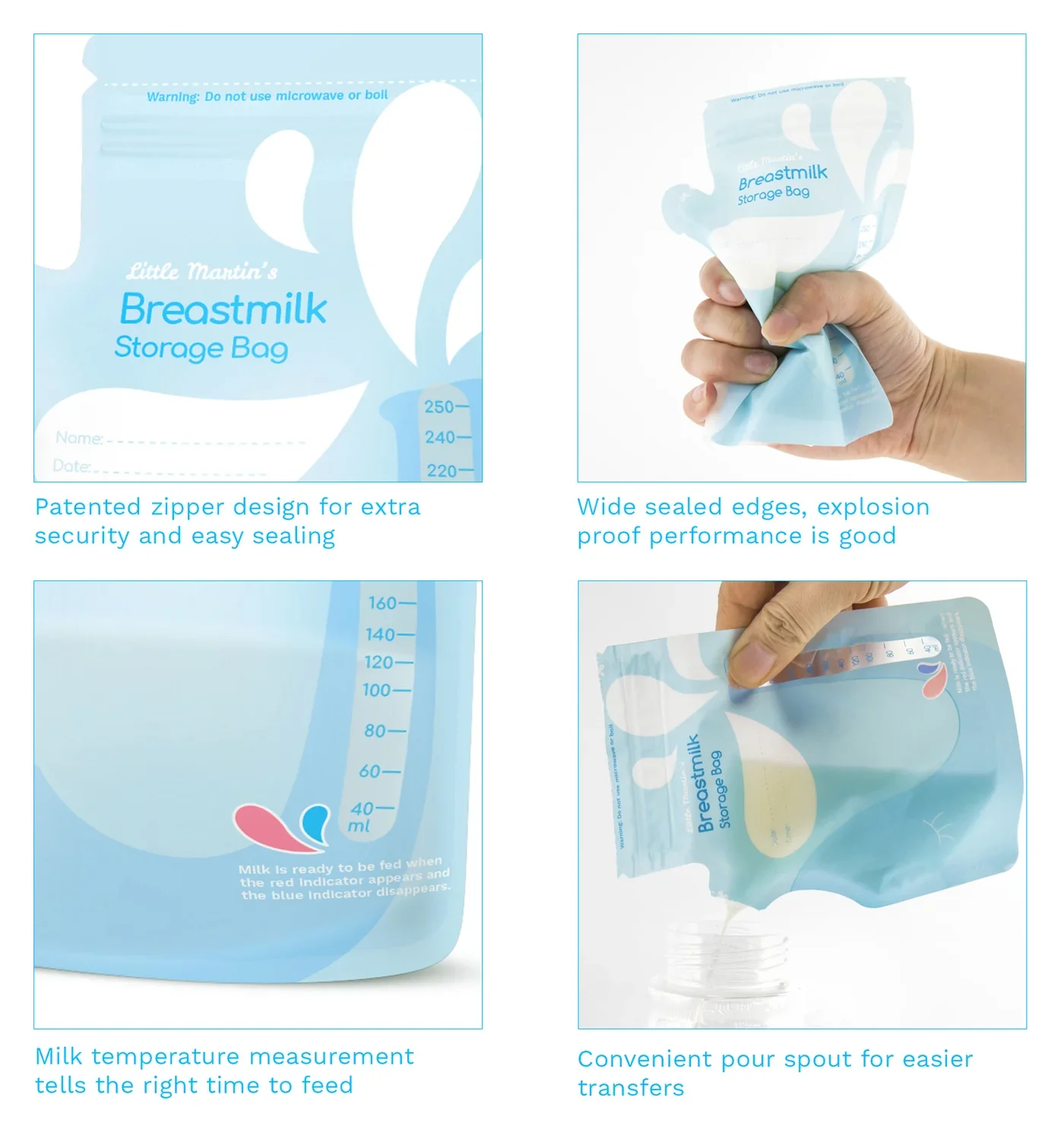 250ml customized double zipper bpa free food grade safty breastmilk storage bags with temperature sensor manufacture