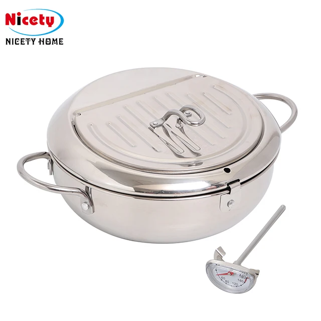 Japanese Tempura Deep Frying Pot with a Thermometer and a Lid Oil Filter Screen Frying Pan with Oil Filterin French Fries Pot