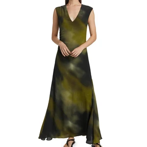 Wisrise Fashion Custom Clothing Design Casual Style Women's Olive & Black Tie-Dye V-Neck Sleeveless Maxi Dress