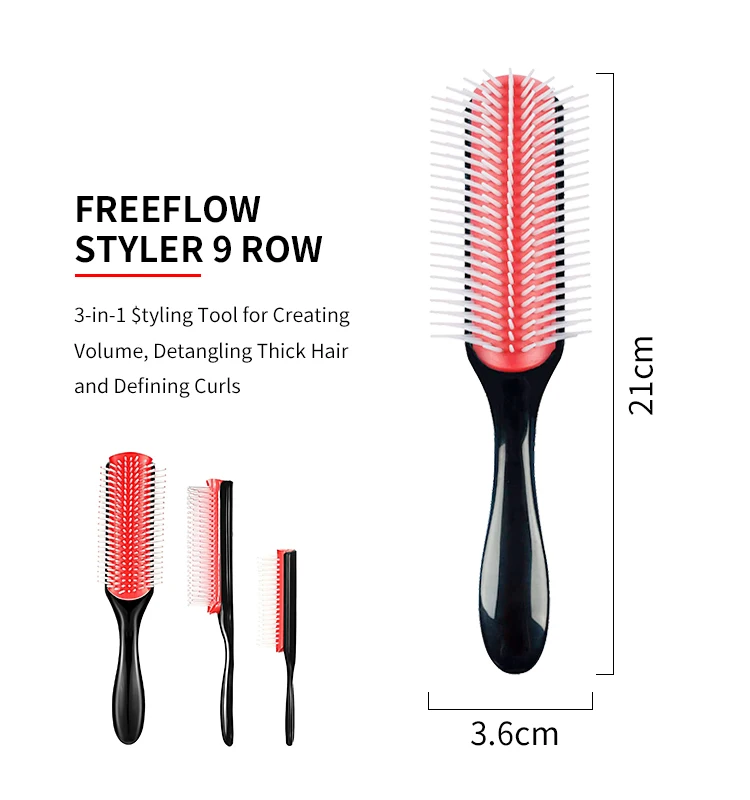 Denman Styling Curling 9 Row Hair Brush Private Label Detachable Hair Brush Plastic Paddle Detangling Massage Brush
