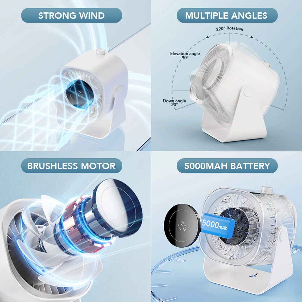 IMYCOO New Arrival Adjustable Rechargeable Small Wall Mount Table Fan Custom Logo Portable Personal Led Display Mini Desk Fan