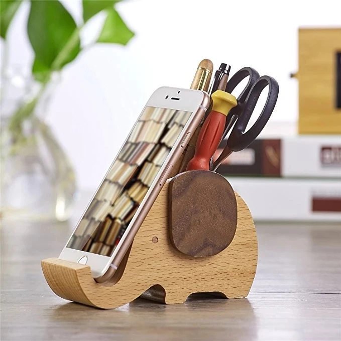 Wooden Elephant Phone Holder Cute Handmade Bamboo Wooden