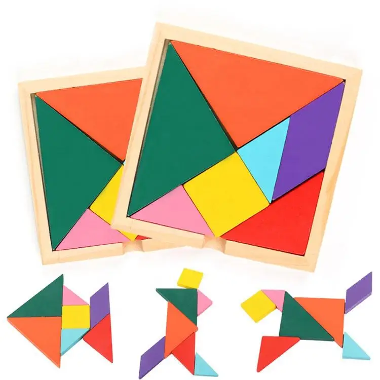 Hot Interactive Learning Education Wooden Tangram Jigsaw Toys Board Colorful Tangram Multicolour Wood Geometric Shape DIY Puzzle