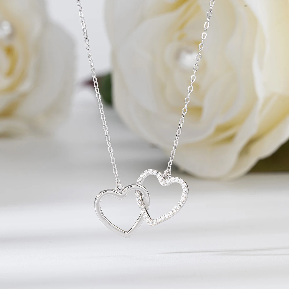 ★TATIANA★ Silver 925 one side heart ribbon necklace NZ2171 Double Heart Pendant 925 Sterling Silver Chain Necklace